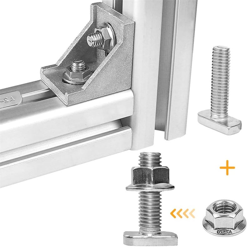 Yeasing T Bolt Set M8x20mm T Slot Drop-in Bolt Hammer Head Bolts T Shape Stud Sliding Screw with 10 Pcs Hexagon Flange Nuts for Aluminum Extrusion Profile Photovoltaic Solar Mounting, sliver - Image 3